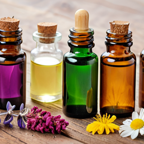 Home 11 **Image Prompt:** A close-up shot of various colorful essential oil bottles arranged on a wooden surface, with scattered dried flowers and herbs around them. Soft, natural lighting to emphasize the organic feel. Focus on labels highlighting "natural fragrance" and ingredient lists.