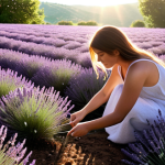 A serene field of lavender with a woman tending to it, sunlight filtering through, capturing the essence of natural skincare.