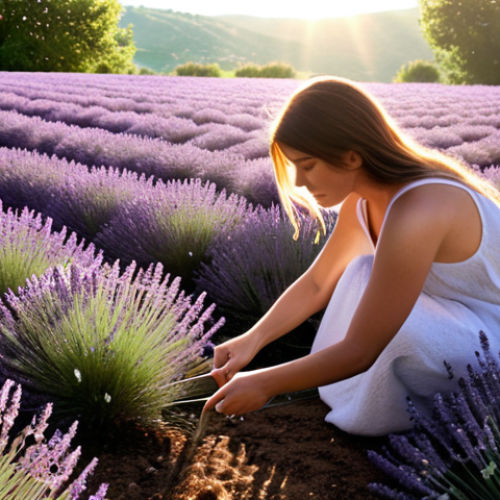 Home 6 A serene field of lavender with a woman tending to it, sunlight filtering through, capturing the essence of natural skincare.