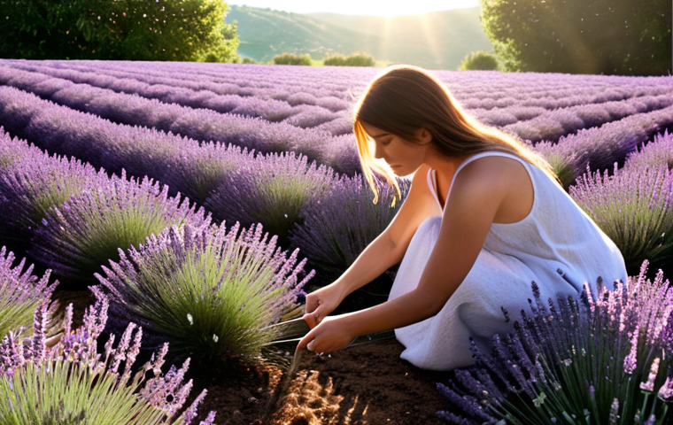 A serene field of lavender with a woman tending to it, sunlight filtering through, capturing the essence of natural skincare.