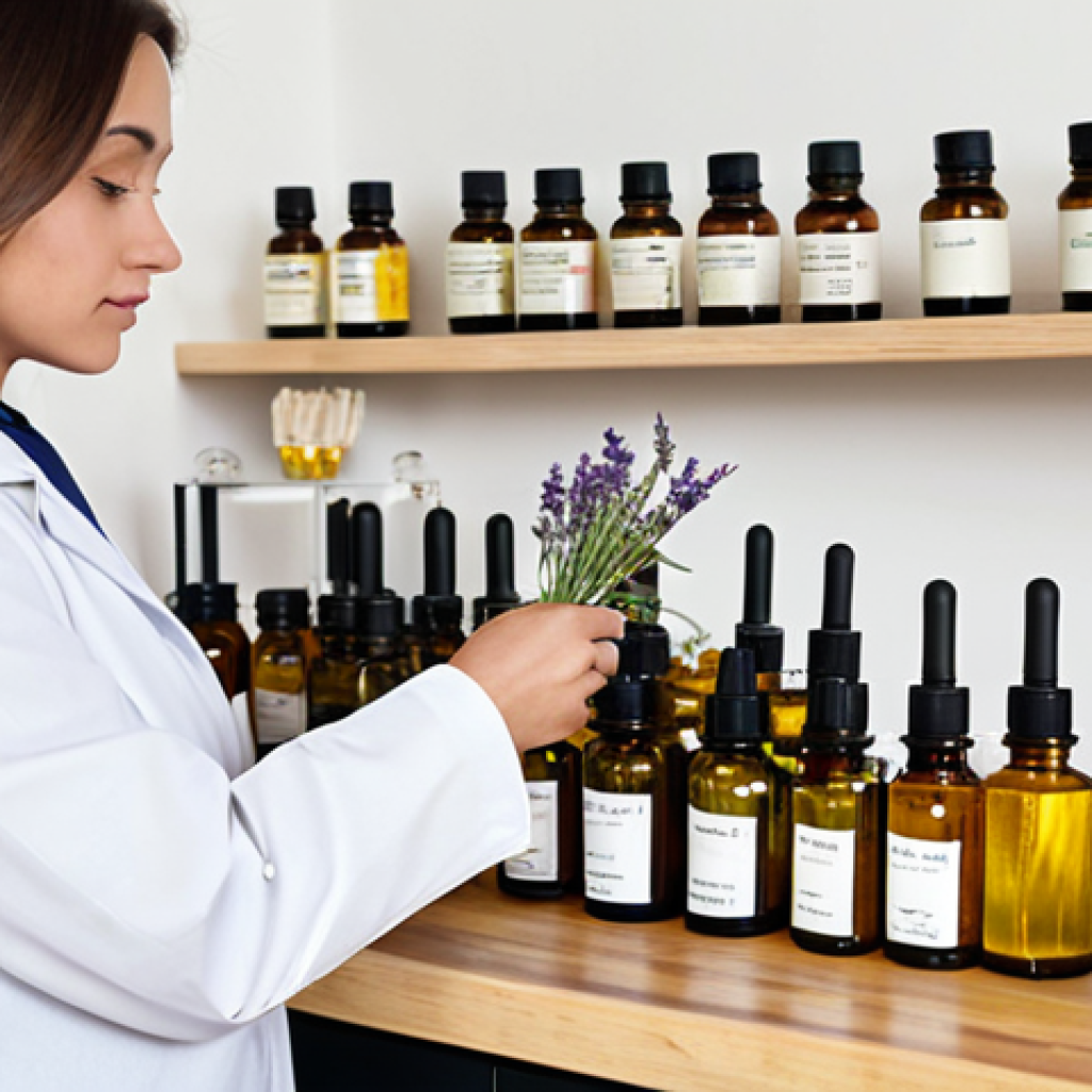 A professional woman in a modest lab coat, meticulously measuring and blending natural ingredients for cosmetics in a clean, well-lit home laboratory. Glass beakers, precise droppers, and small, labeled bottles of botanical oils (like jojoba and lavender) are neatly arranged on a pristine wooden countertop. Fresh herbs and flower petals are subtly integrated into the scene. The woman's hands are well-formed and engaged in a natural pose, demonstrating careful attention. The image features professional photography, high quality, perfect anatomy, correct proportions, natural body proportions, safe for work, appropriate content, fully clothed, professional dress.