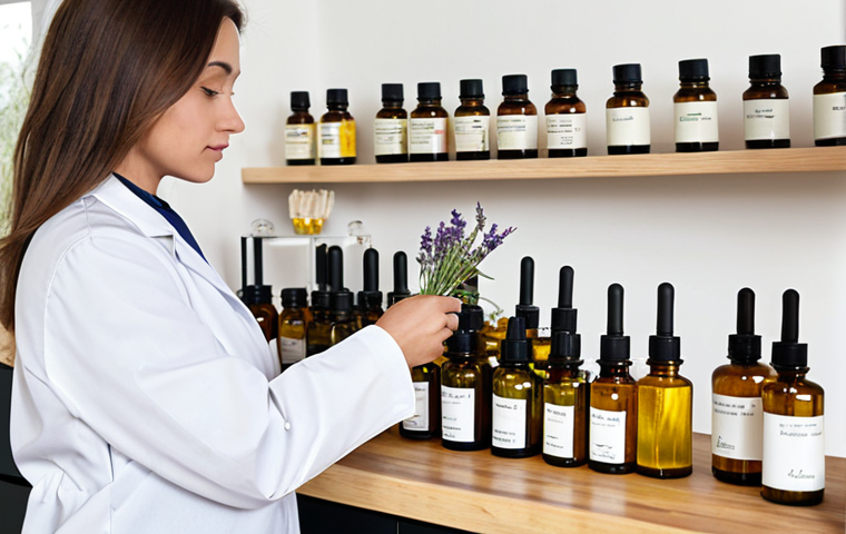 A professional woman in a modest lab coat, meticulously measuring and blending natural ingredients for cosmetics in a clean, well-lit home laboratory. Glass beakers, precise droppers, and small, labeled bottles of botanical oils (like jojoba and lavender) are neatly arranged on a pristine wooden countertop. Fresh herbs and flower petals are subtly integrated into the scene. The woman's hands are well-formed and engaged in a natural pose, demonstrating careful attention. The image features professional photography, high quality, perfect anatomy, correct proportions, natural body proportions, safe for work, appropriate content, fully clothed, professional dress.