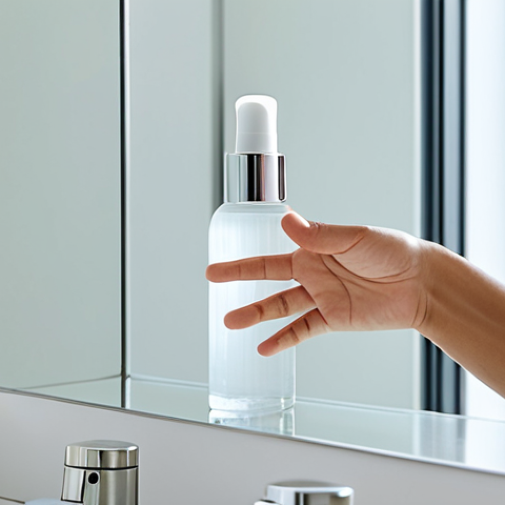 A serene individual with clear, healthy skin, in a modest and appropriate soft-toned shirt, gently observing a minimalist glass bottle of natural serum in a brightly lit, clean bathroom setting. Soft, diffuse natural light illuminates the scene, highlighting the elegant simplicity of the natural cosmetic products on a vanity. The image emphasizes a sense of calm and well-being. fully clothed, modest clothing, appropriate attire, safe for work, appropriate content, perfect anatomy, correct proportions, natural pose, well-formed hands, proper finger count, natural body proportions, professional photography, high quality, family-friendly.