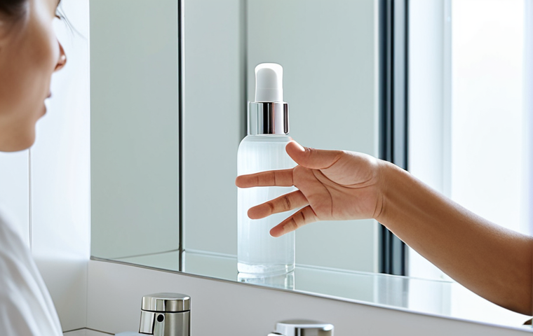 A serene individual with clear, healthy skin, in a modest and appropriate soft-toned shirt, gently observing a minimalist glass bottle of natural serum in a brightly lit, clean bathroom setting. Soft, diffuse natural light illuminates the scene, highlighting the elegant simplicity of the natural cosmetic products on a vanity. The image emphasizes a sense of calm and well-being. fully clothed, modest clothing, appropriate attire, safe for work, appropriate content, perfect anatomy, correct proportions, natural pose, well-formed hands, proper finger count, natural body proportions, professional photography, high quality, family-friendly.