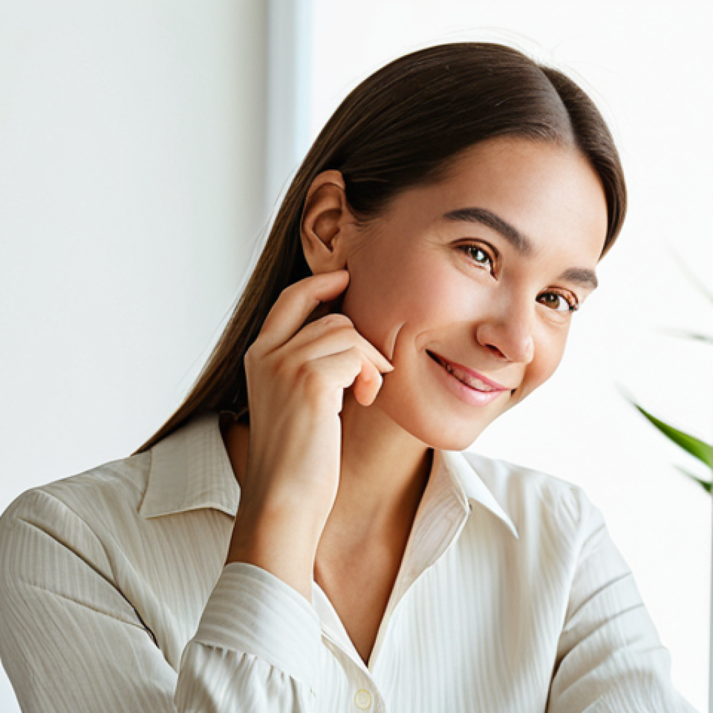 A serene professional woman in a modest, light-colored, natural-fabric blouse, gently touching her healthy, glowing cheek with a soft smile. She is positioned in a brightly lit, minimalist beauty studio with warm, diffused natural light. The background features subtle, elegant botanical elements, conveying purity and natural wellness. perfect anatomy, correct proportions, natural pose, well-formed hands, proper finger count, natural body proportions, fully clothed, modest clothing, appropriate attire, professional dress, safe for work, appropriate content, family-friendly, professional photography, high quality.