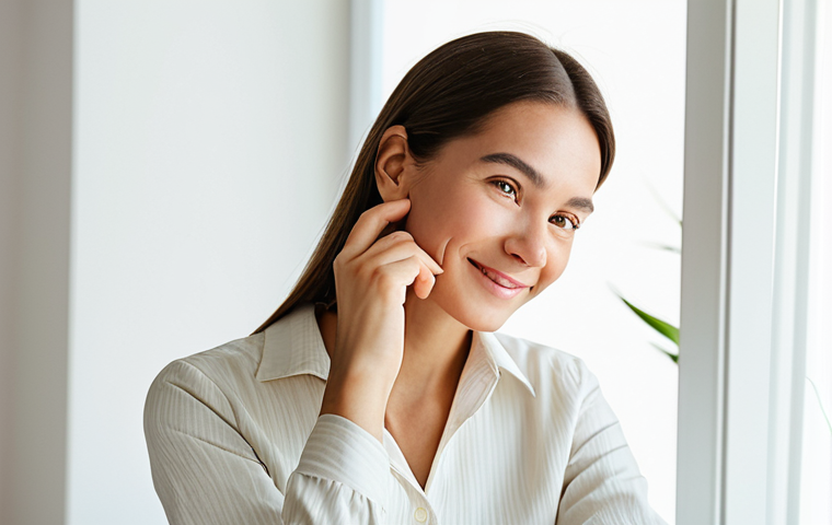 A serene professional woman in a modest, light-colored, natural-fabric blouse, gently touching her healthy, glowing cheek with a soft smile. She is positioned in a brightly lit, minimalist beauty studio with warm, diffused natural light. The background features subtle, elegant botanical elements, conveying purity and natural wellness. perfect anatomy, correct proportions, natural pose, well-formed hands, proper finger count, natural body proportions, fully clothed, modest clothing, appropriate attire, professional dress, safe for work, appropriate content, family-friendly, professional photography, high quality.