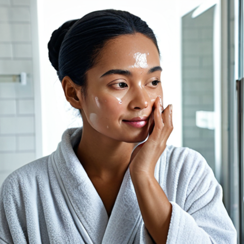 **
A woman with clear skin applying a natural essence to her face in a bright bathroom setting. She is fully clothed in a modest robe. The essence bottle is clearly visible, showcasing natural ingredients. Safe for work, appropriate content, professional, perfect anatomy, natural proportions, well-formed hands.
**