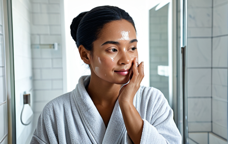 **
A woman with clear skin applying a natural essence to her face in a bright bathroom setting. She is fully clothed in a modest robe. The essence bottle is clearly visible, showcasing natural ingredients. Safe for work, appropriate content, professional, perfect anatomy, natural proportions, well-formed hands.
**