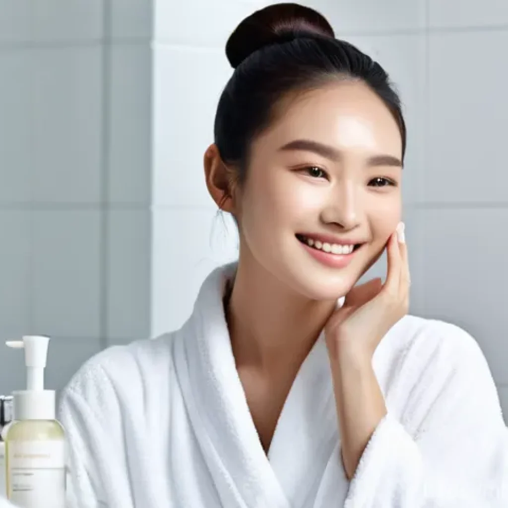 천연화장품 스킨케어 루틴 - A radiant, smiling young Asian woman with flawlessly clear, "glass skin" gently patting a natural se...
