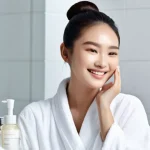 천연화장품 스킨케어 루틴 - A radiant, smiling young Asian woman with flawlessly clear, "glass skin" gently patting a natural se...