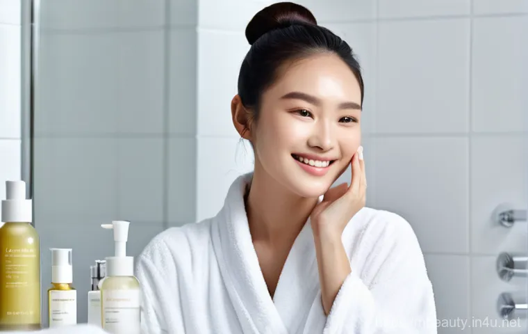 천연화장품 스킨케어 루틴 - A radiant, smiling young Asian woman with flawlessly clear, "glass skin" gently patting a natural se...