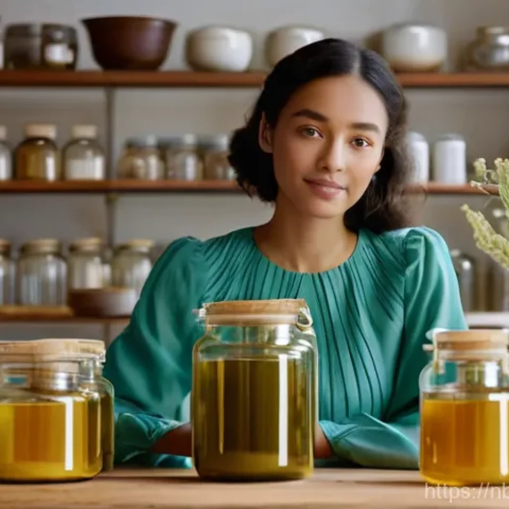 천연화장품 성분 혼합 시 주의점 - **Image Prompt 1:** A woman in her late 20s, with a gentle and inquisitive expression, stands in a s...