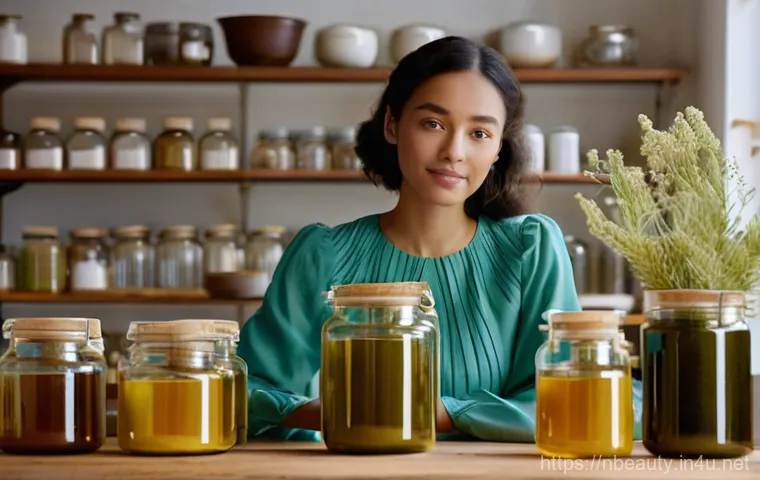 천연화장품 성분 혼합 시 주의점 - **Image Prompt 1:** A woman in her late 20s, with a gentle and inquisitive expression, stands in a s...