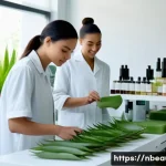 천연화장품 트렌드 변화 - A group of diverse young adults (male and female, 20s-30s) are gathered in a bright, modern, and eco...