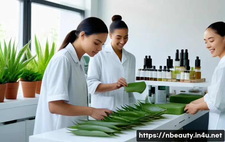 천연화장품 트렌드 변화 - A group of diverse young adults (male and female, 20s-30s) are gathered in a bright, modern, and eco...