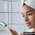 천연화장품 클렌저 선택법 - **Prompt:** A young woman (20s-30s) with a serene expression, gently rinsing her face with lukewarm ...